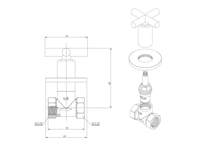 Aloni  Cross Inbouwkraan  1/2×1/2  Chroom