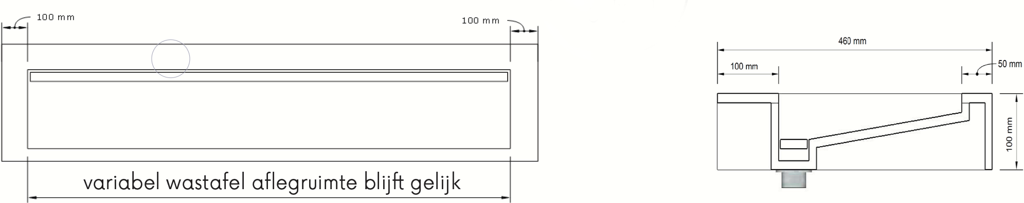 Avon Talc - Vrijhangende Wastafel 120Cm - Positie Wasbak Rechts - Rand 12Cm