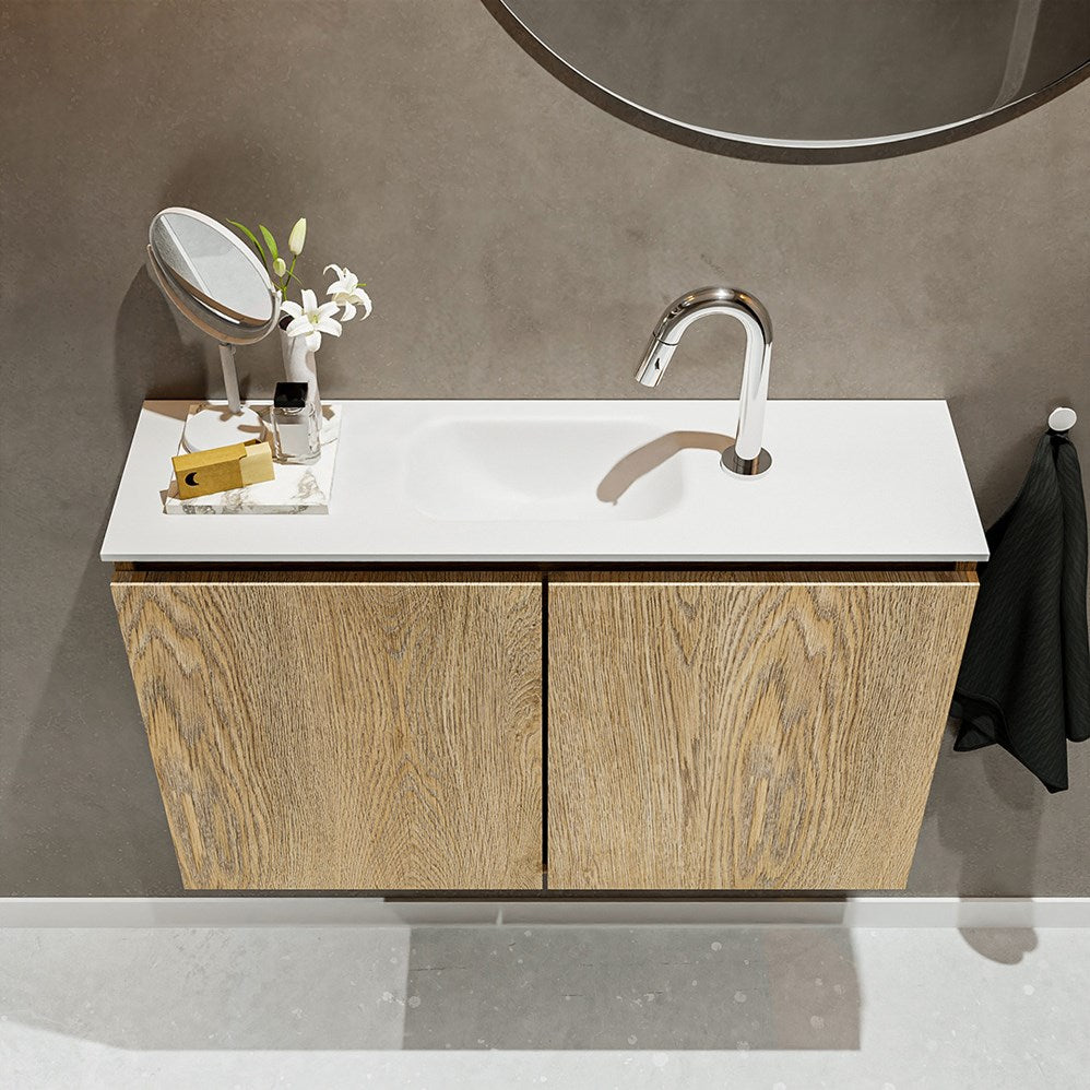 TURE 80cm toiletmeubel washed oak. EDEN wastafel talc positie midden. Met 1 kraangat